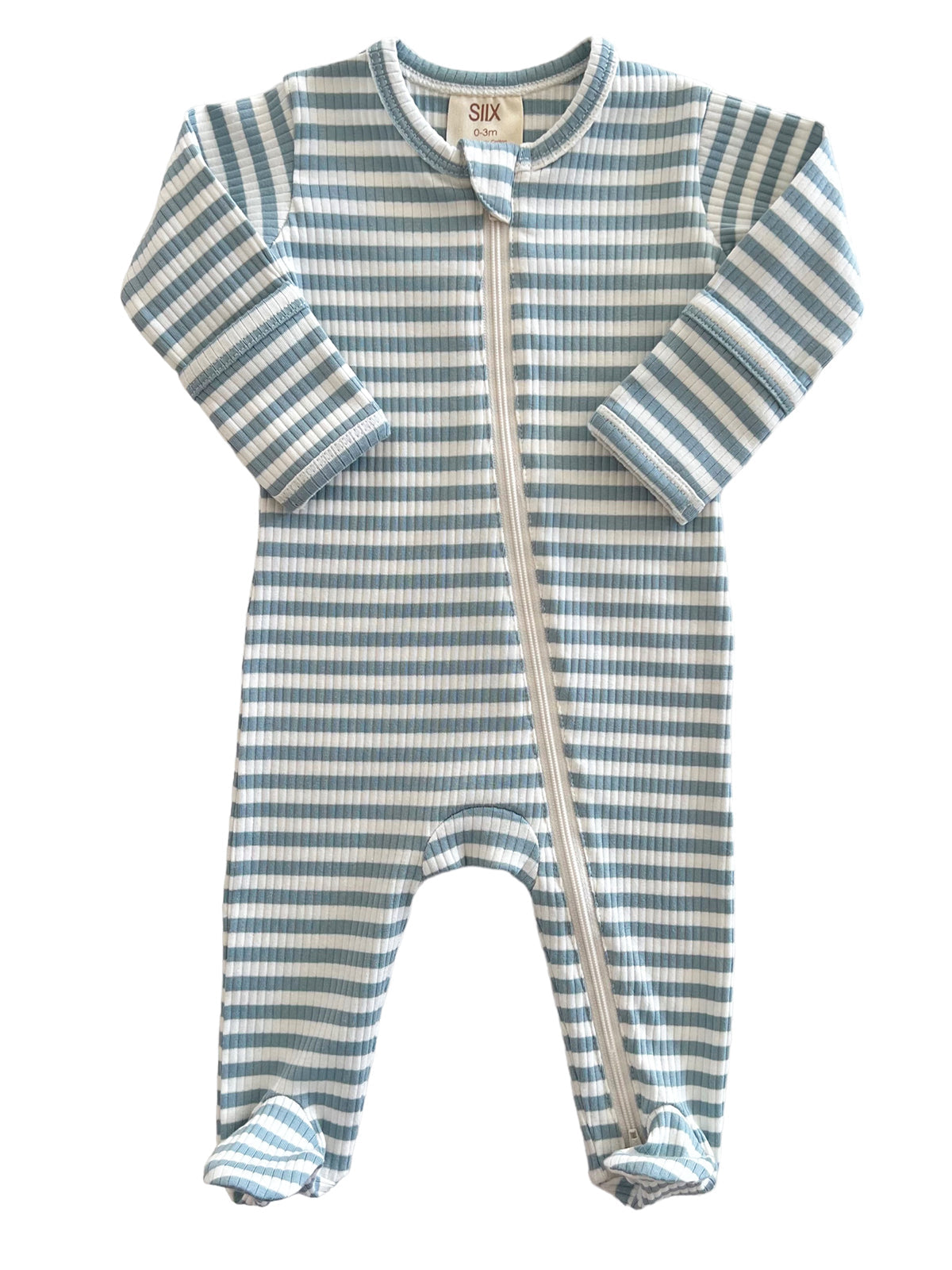 Light blue and white striped baby onesie with long sleeves and a front zipper. Suitable for 0-3 months.