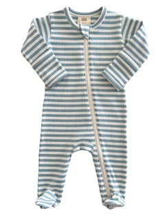 Light blue and white striped baby onesie with long sleeves and a front zipper. Suitable for 0-3 months.