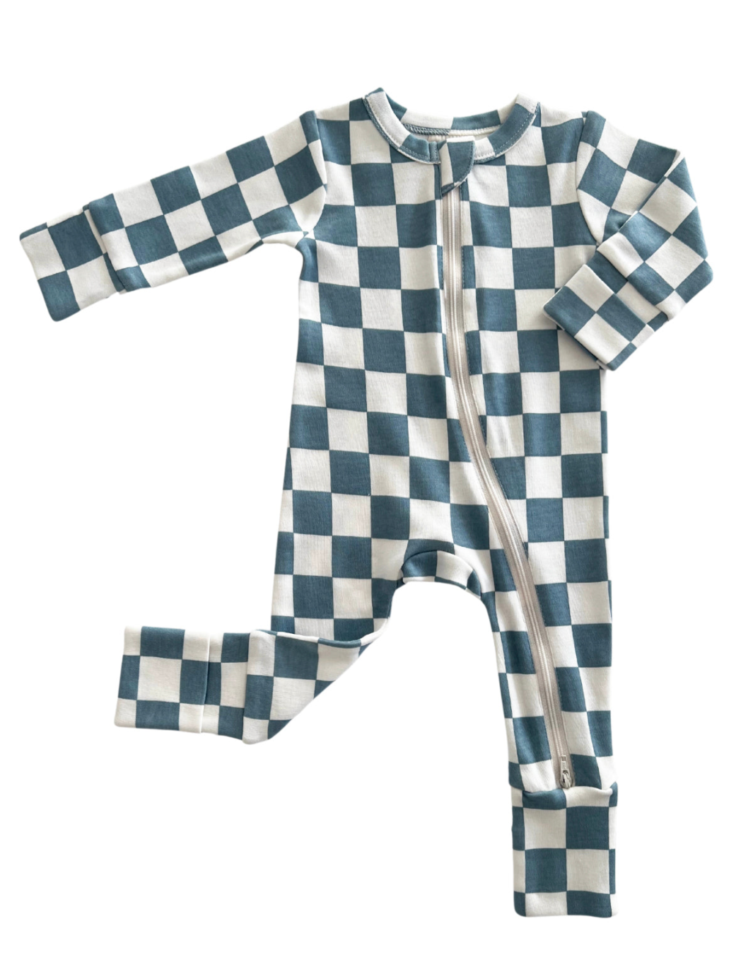 Blue and white checkered baby onesie with a front zipper and long sleeves.