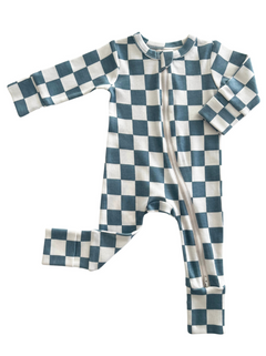 Blue and white checkered baby onesie with a front zipper and long sleeves.