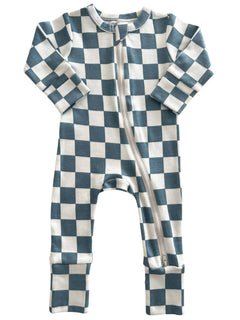 Blue and white checkered baby onesie with a front zipper and long sleeves.