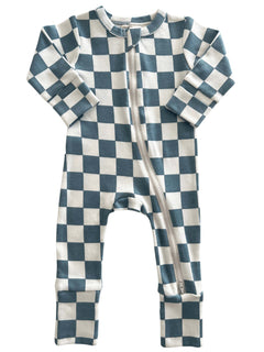 Blue and white checkered one-piece baby outfit with a front zipper and long sleeves.