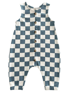 Blue and white checkered baby romper with buttons down the front and sleeveless design.