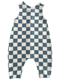 Blue and white checkered baby romper with a sleeveless design and loose-fitting legs.