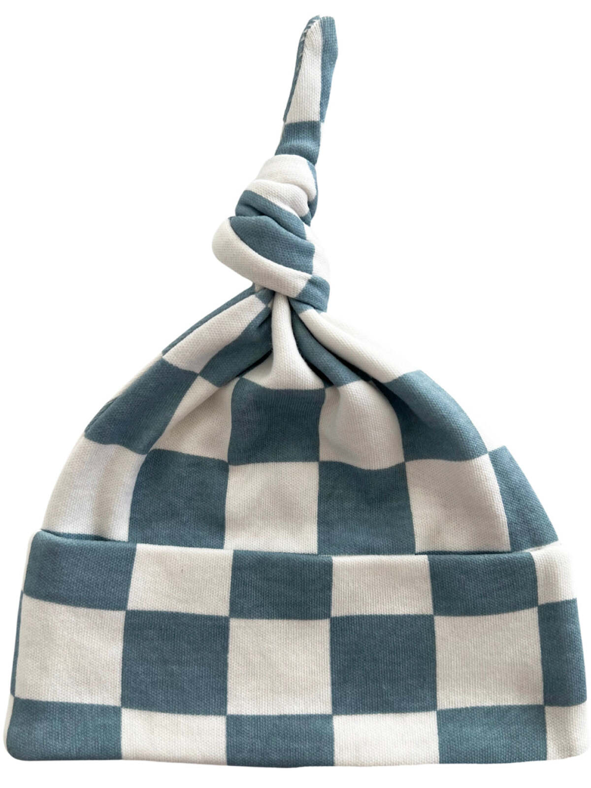 Blue and white checkered baby hat with a knotted top. Soft and stylish for infant use.