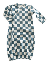 Blue and white checkered baby gown with long sleeves and snaps for easy dressing.