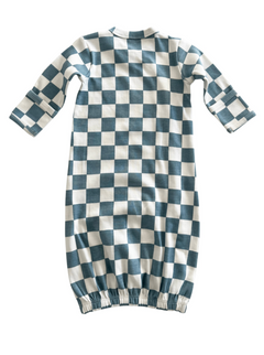 Blue and white checkered long-sleeve nightgown with a gathered hem, viewed from the back.