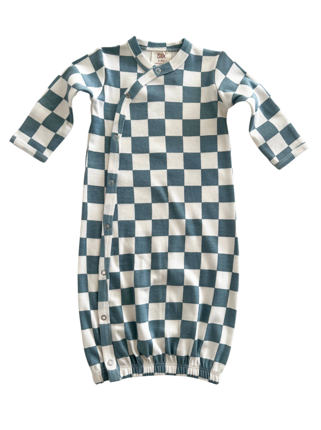 Blue and white checkered baby sleep sack with long sleeves and snap buttons.