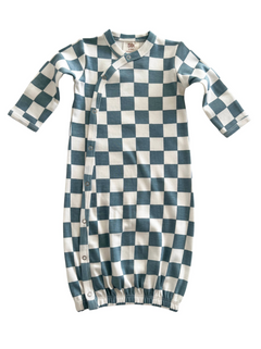 Blue and white checkered baby sleep sack with long sleeves and snap buttons.