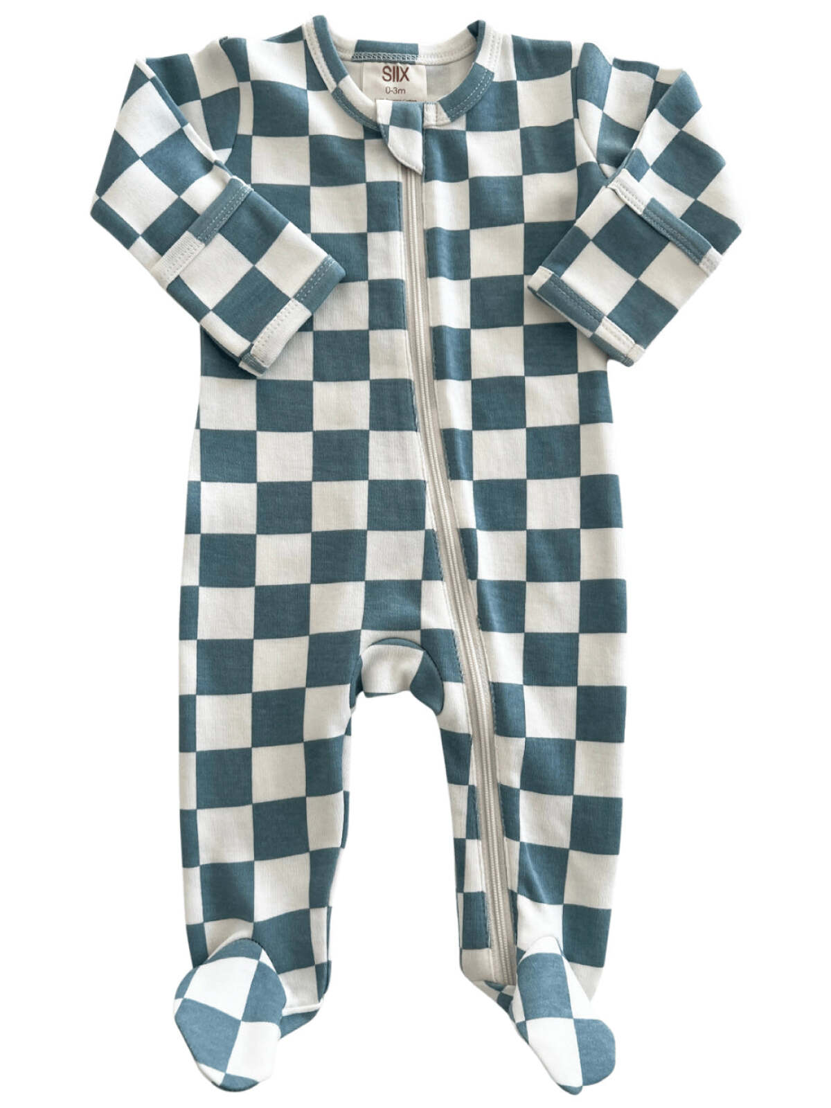 Blue and white checkered baby onesie with a front zipper and footed design.