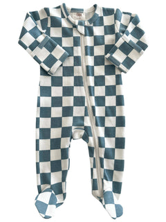Blue and white checkered baby onesie with a front zipper and footed design.
