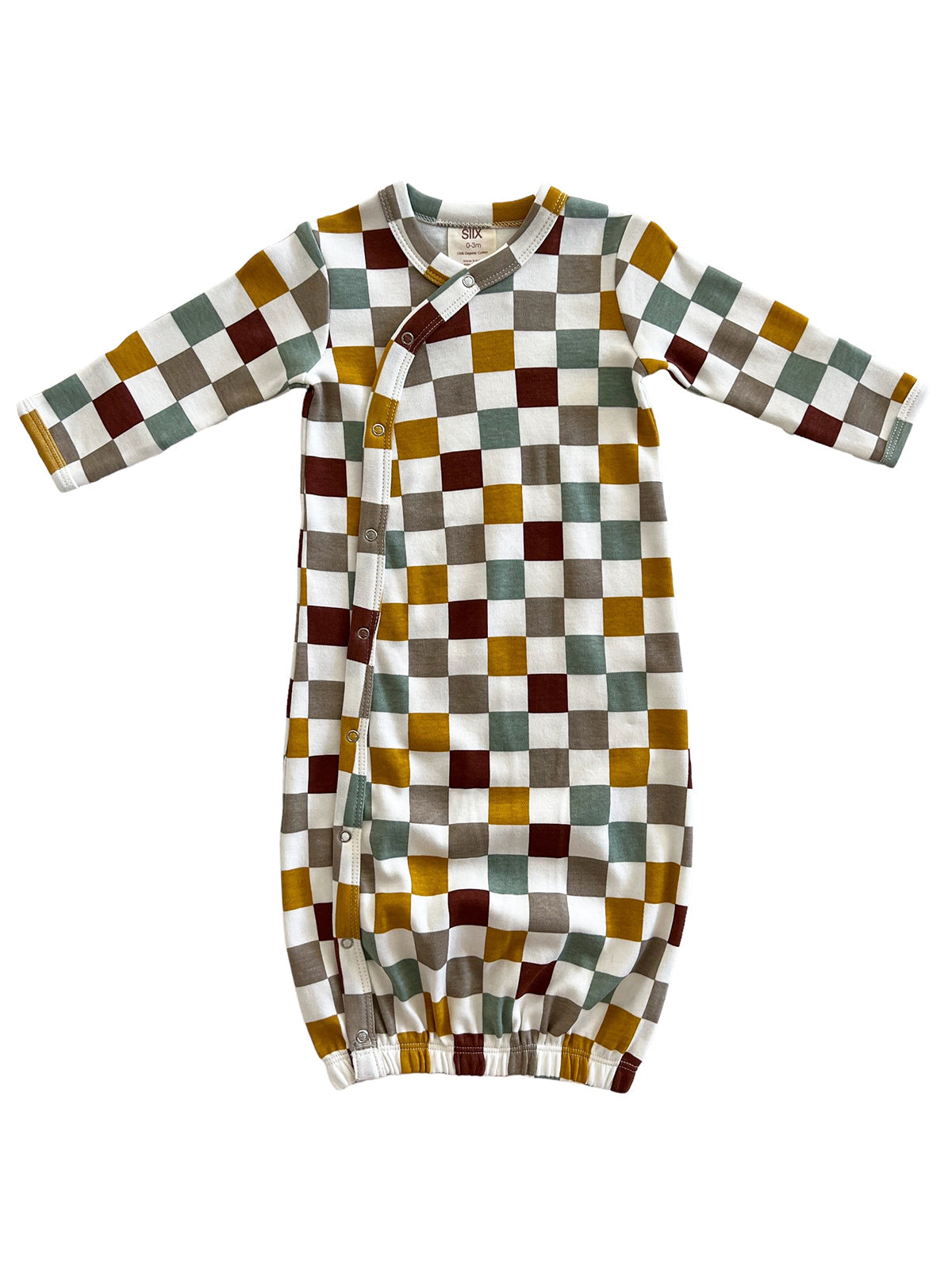 Colorful checkered baby gown with long sleeves and snap buttons, featuring shades of green, brown, yellow, and white.