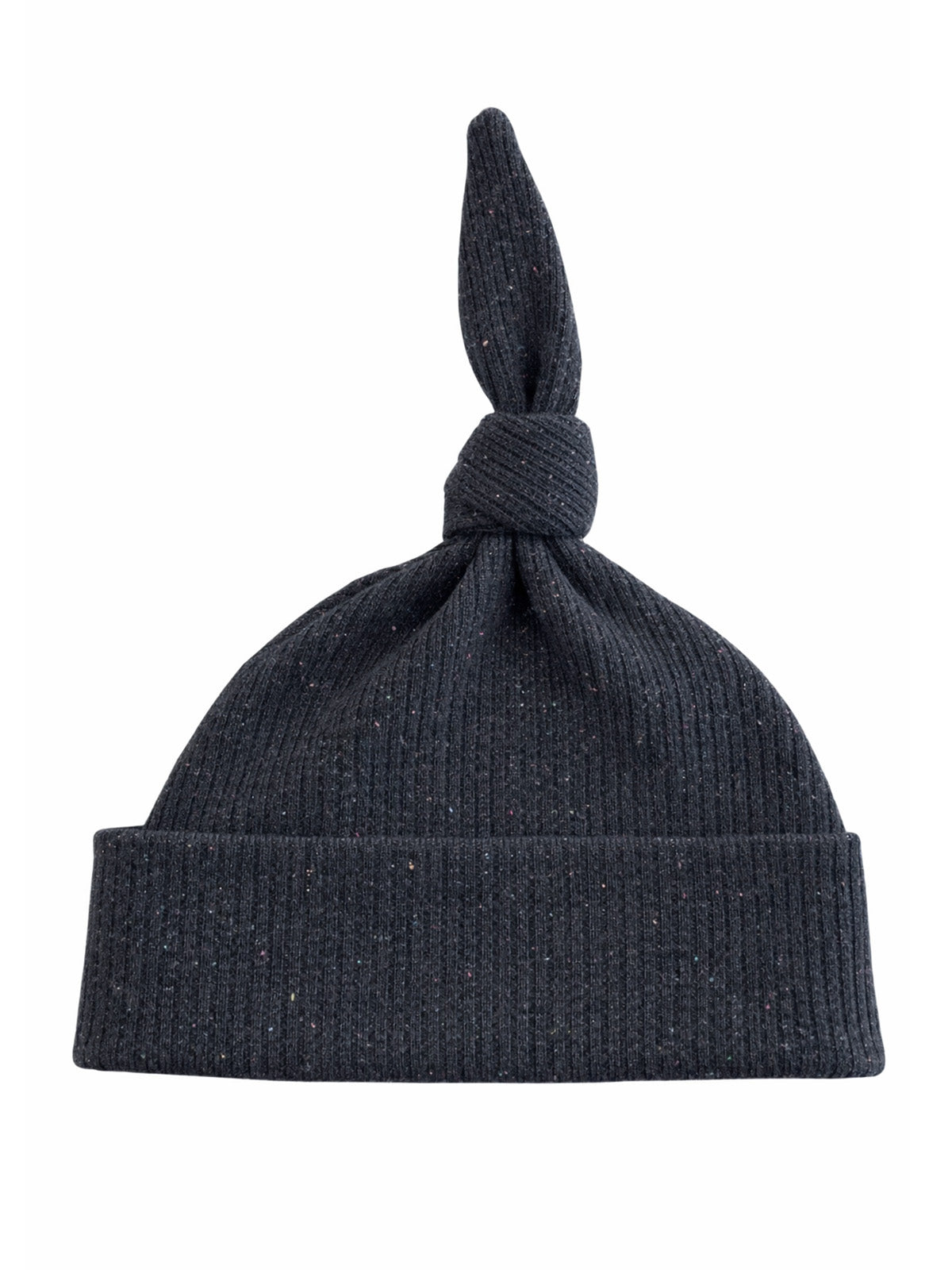 Navy blue ribbed beanie hat with a knotted top detail and colorful speckles throughout the fabric.