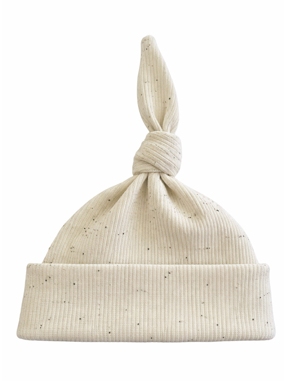 Cream-colored ribbed baby hat with a knotted top and speckled pattern.
