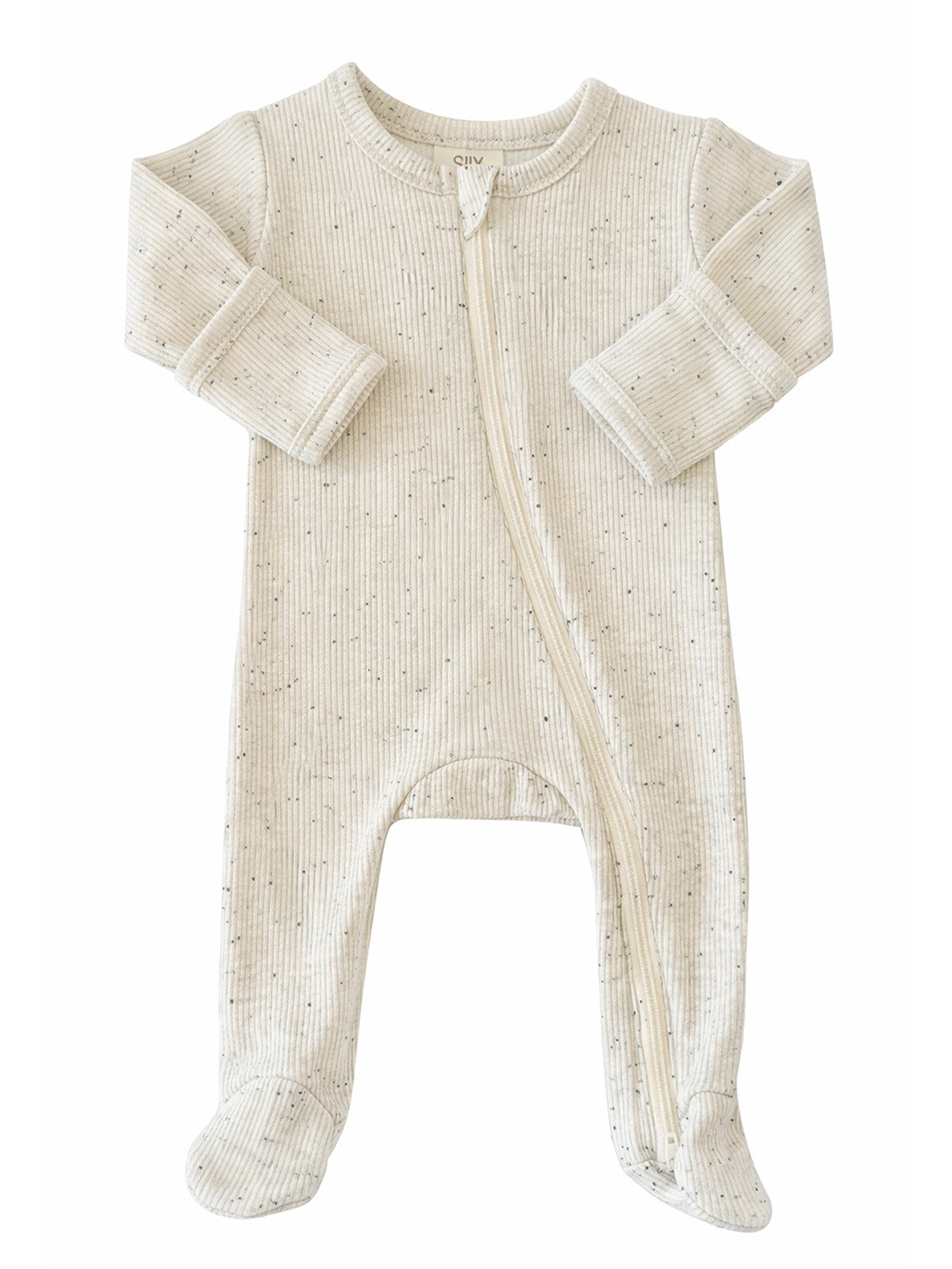 Beige baby onesie with a front zipper and footed design, featuring a textured ribbed pattern.