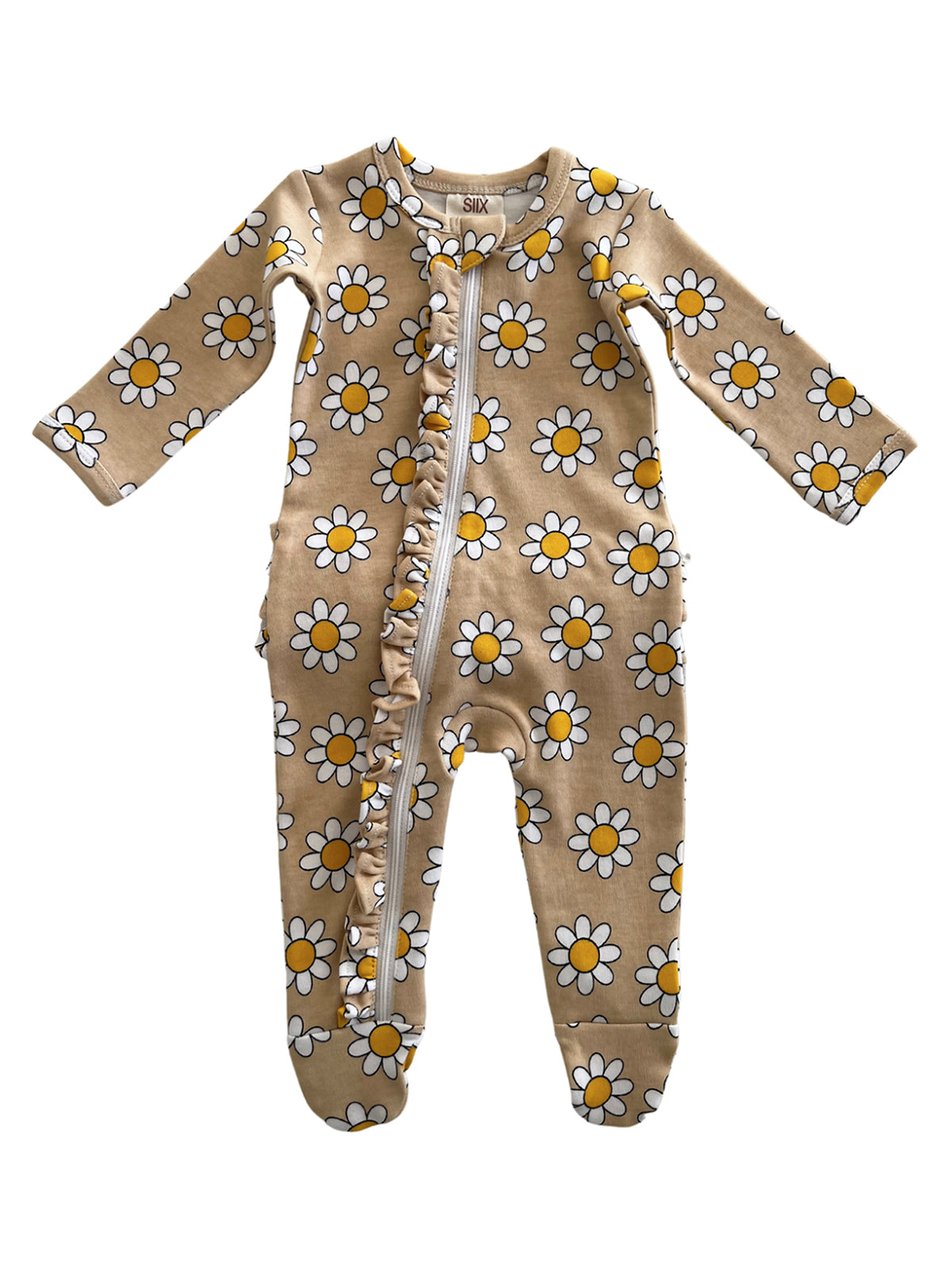 Brown onesie with white and yellow daisies, featuring long sleeves and a front zipper. Ideal for infants.