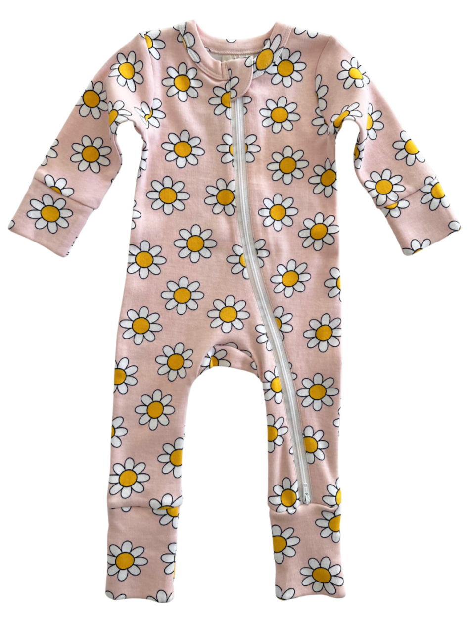 Pink floral onesie with daisies and a front zipper for infants.