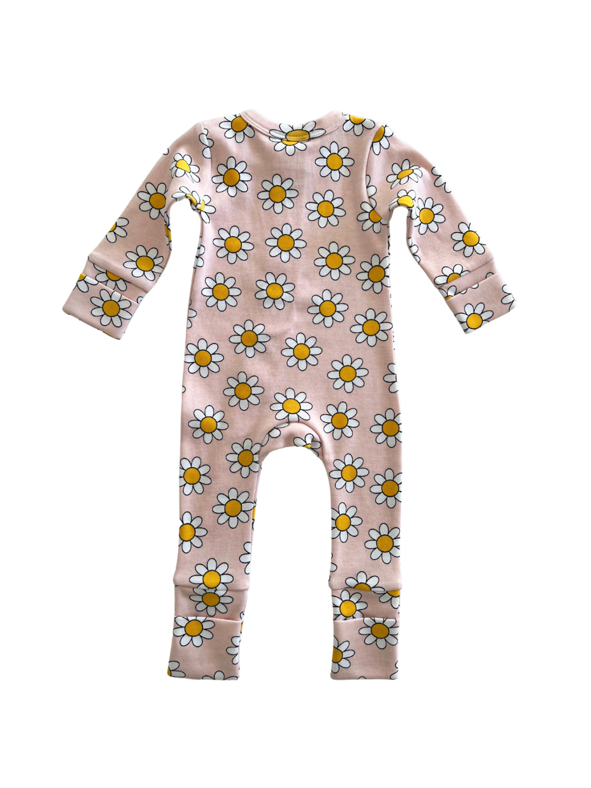 Pink baby onesie with white and yellow daisies, featuring long sleeves and footed design.
