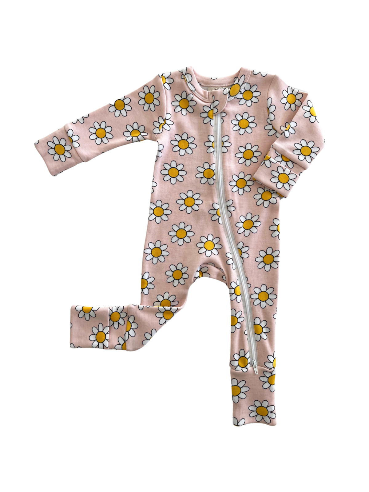 Pink baby onesie covered in yellow and white daisies, featuring a front zipper and long sleeves.