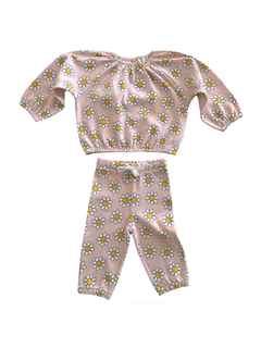 Girls' two-piece outfit featuring a pink floral top and matching pants with daisy print.