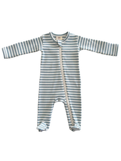 Blue and white striped baby onesie with long sleeves and a front zipper.