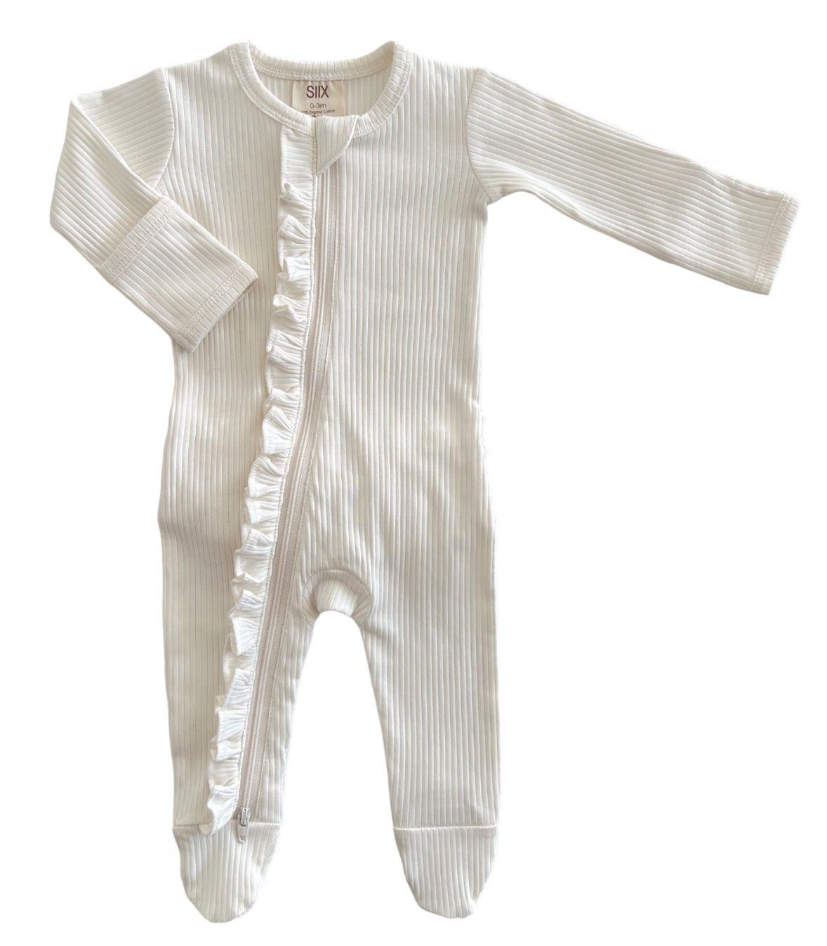 Ivory / Organic Ribbed Frill Zip Footie