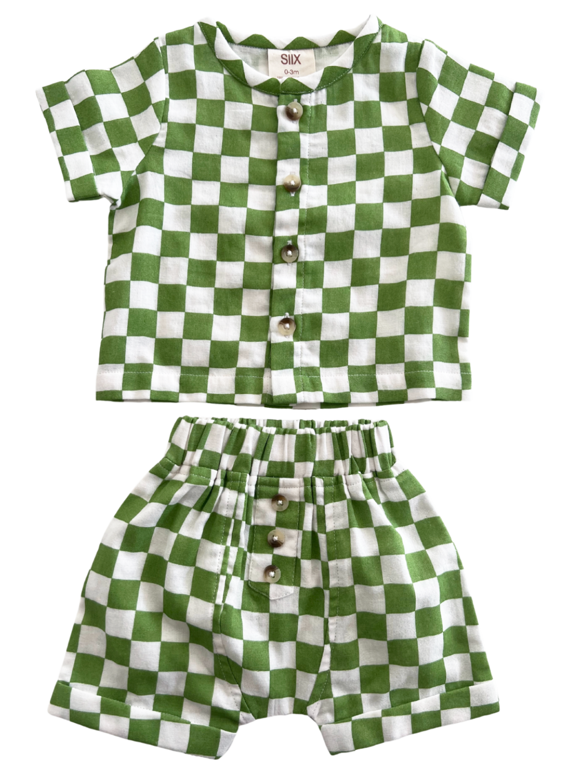 Green and white checkered baby outfit set with short sleeves and shorts, featuring button details.