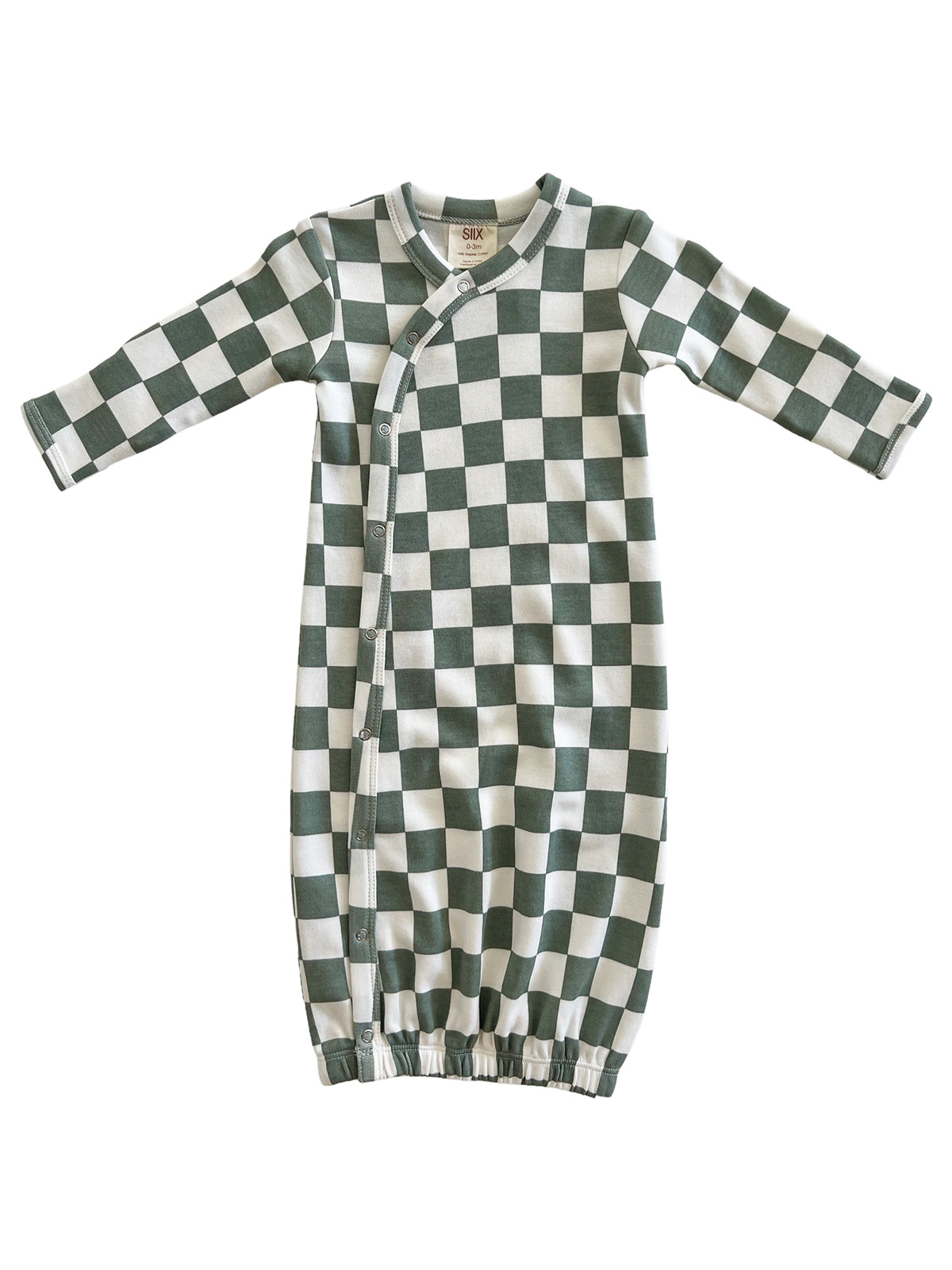 Green and white checkered baby sleep sack with long sleeves and elastic bottom.
