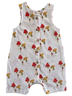 White romper with colorful mushroom patterns and front buttons. Ideal for baby or toddler fashion.