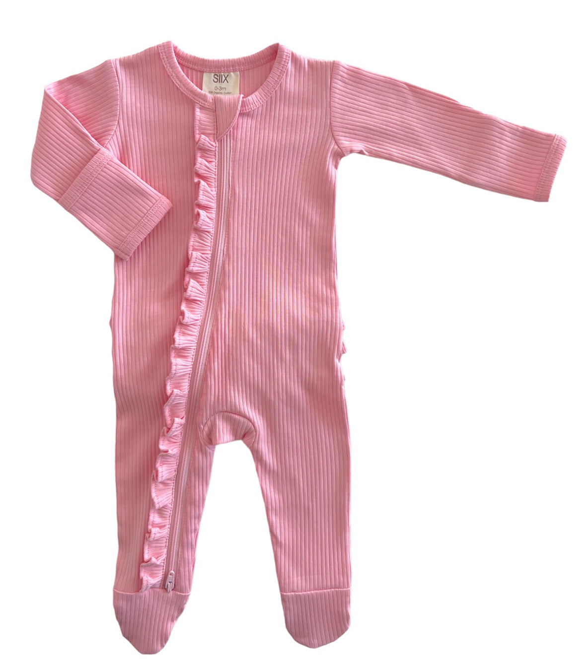 Pink / Organic Ribbed Frill Zip Footie