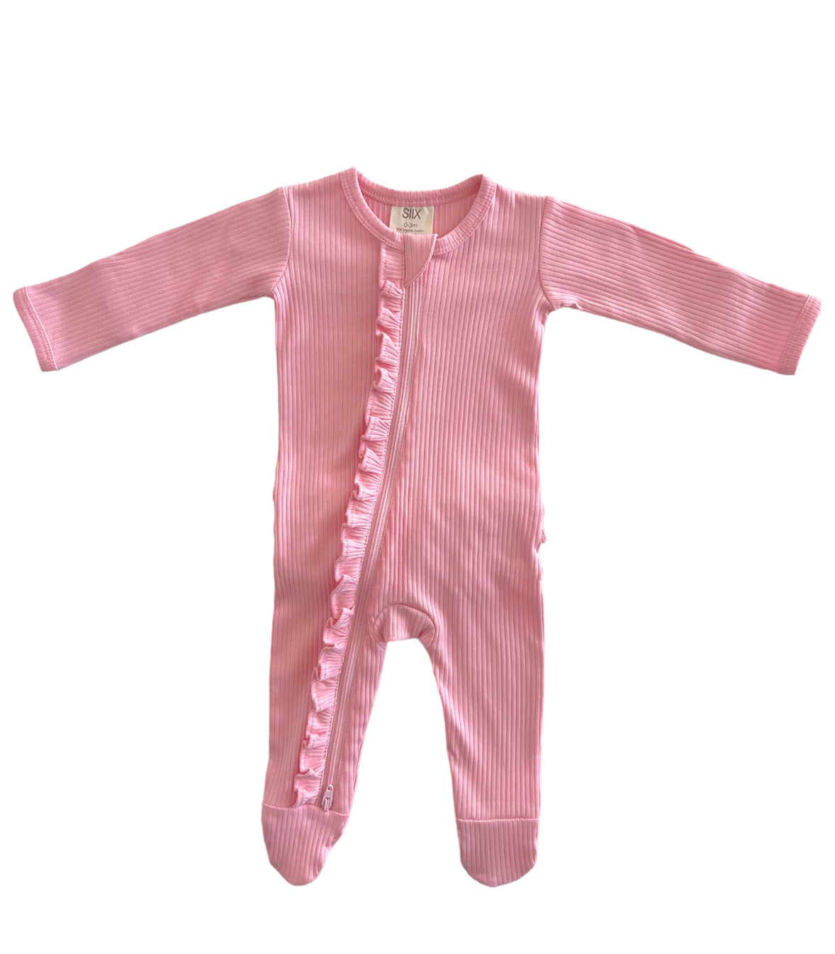 Pink / Organic Ribbed Frill Zip Footie