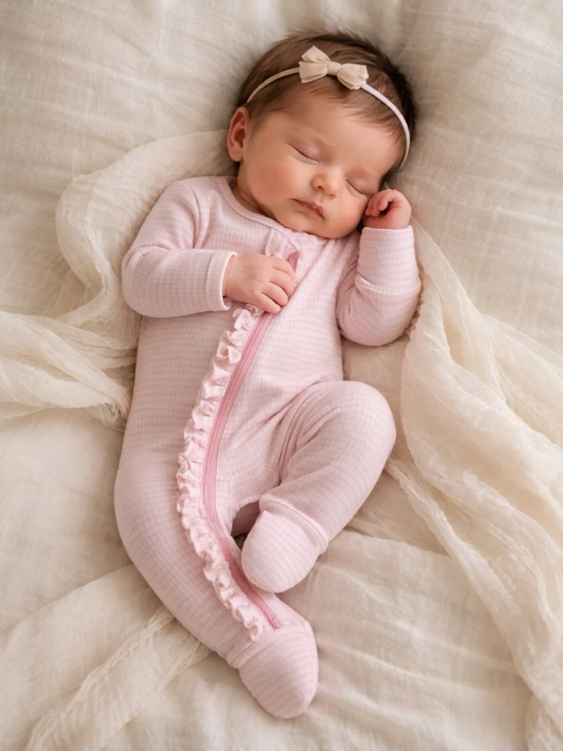 Sleeping baby in a pink onesie, adorned with ruffles and a headband, nestled on a soft, light-colored blanket.