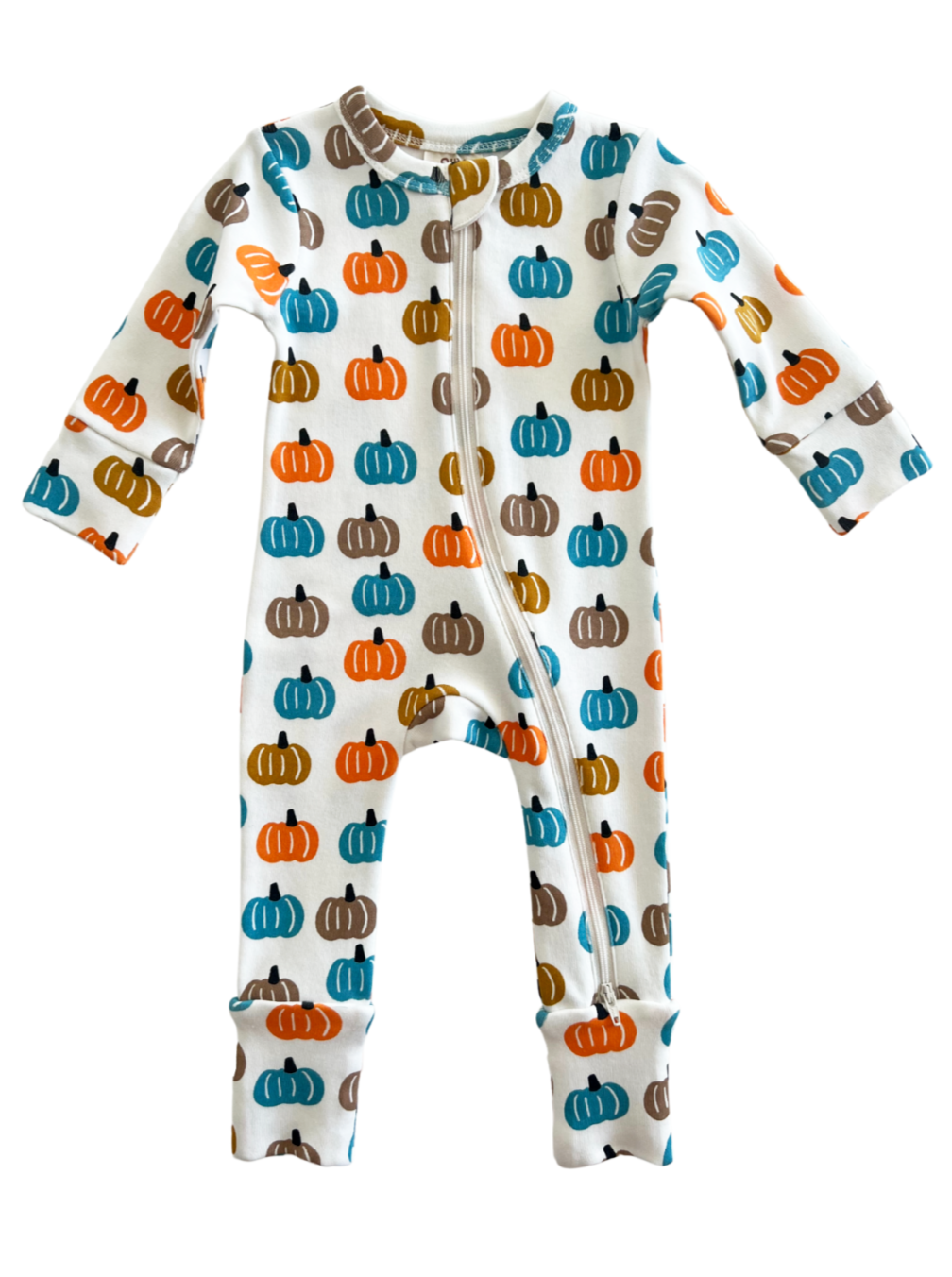 White baby onesie with colorful pumpkin patterns in orange, blue, and brown. Features a front zipper.