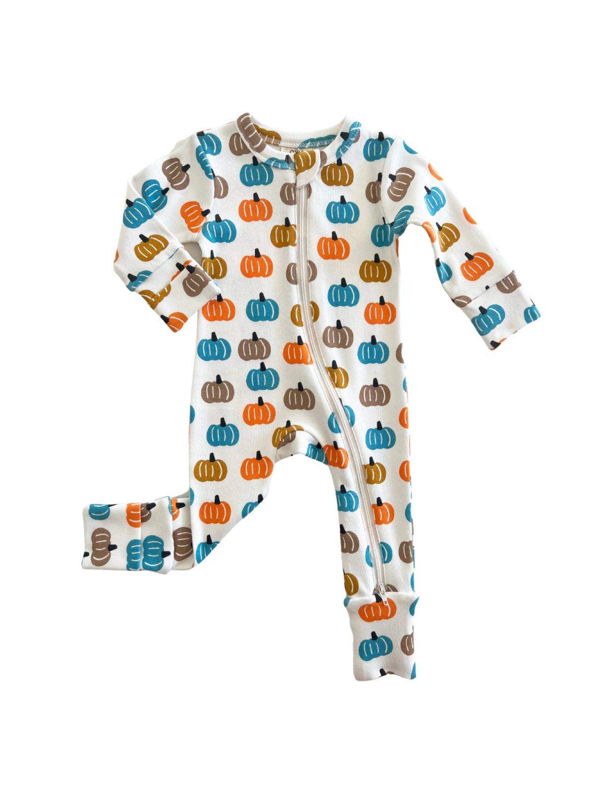 Children's zip-up onesie featuring colorful pumpkin pattern on a light background. Perfect for cozy wear.