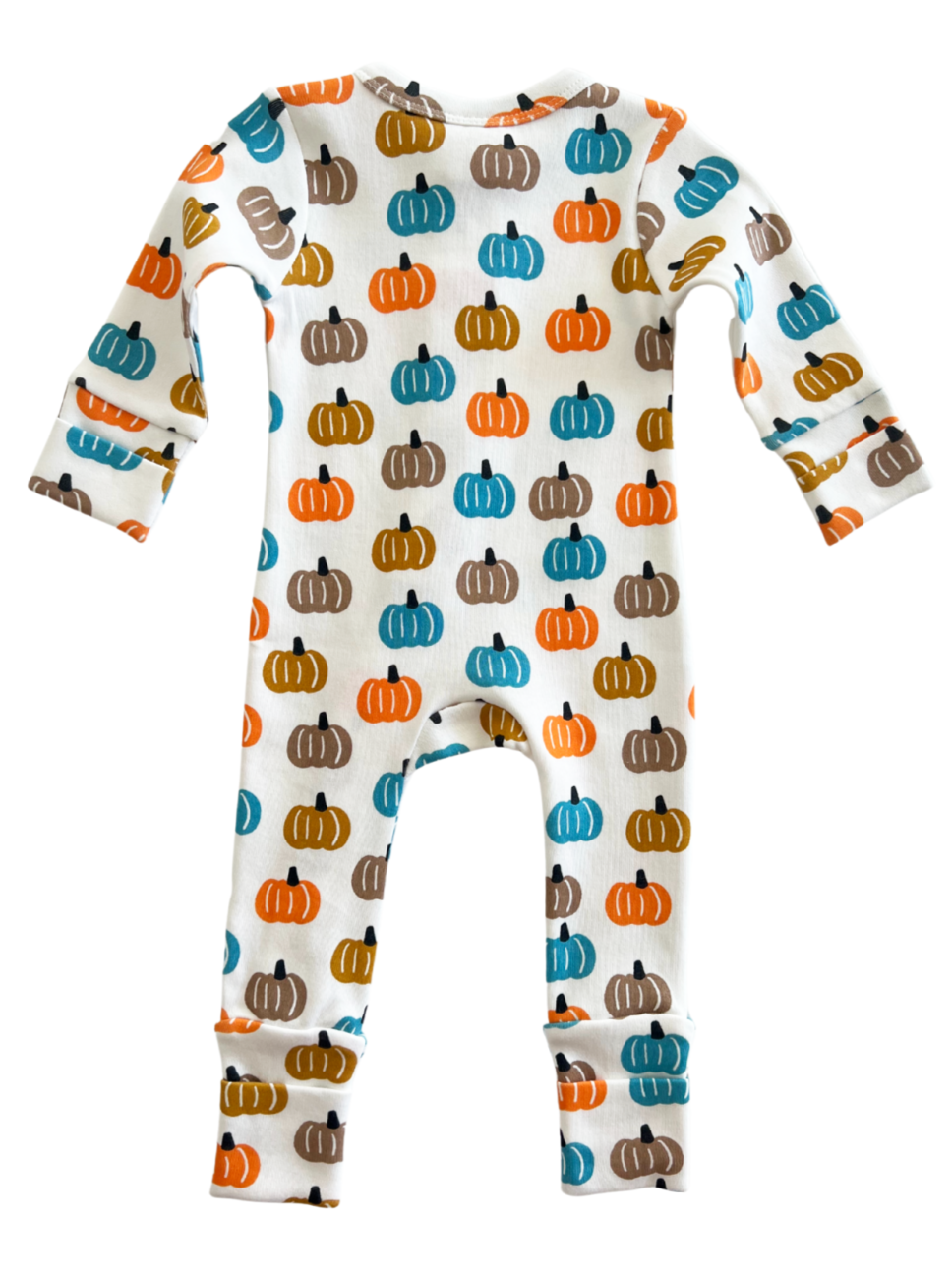 White infant onesie with colorful pumpkin patterns in orange, blue, brown, and green.