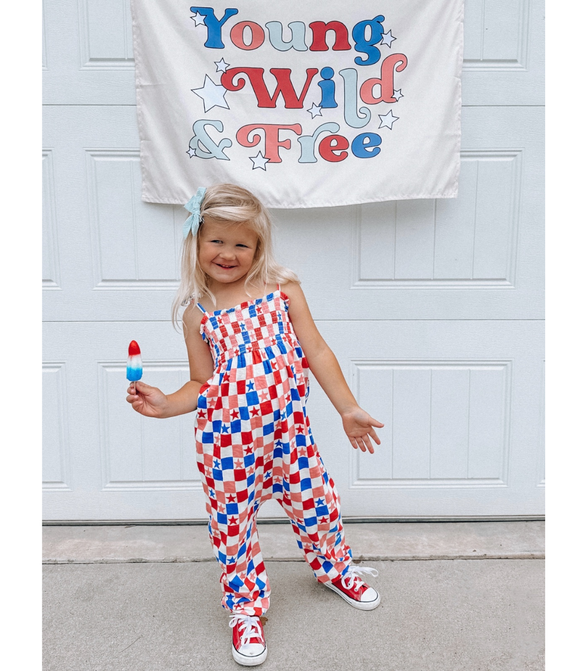 Red, White, Blue & Pink Checkerboard / Organic Smocked Jumpsuit