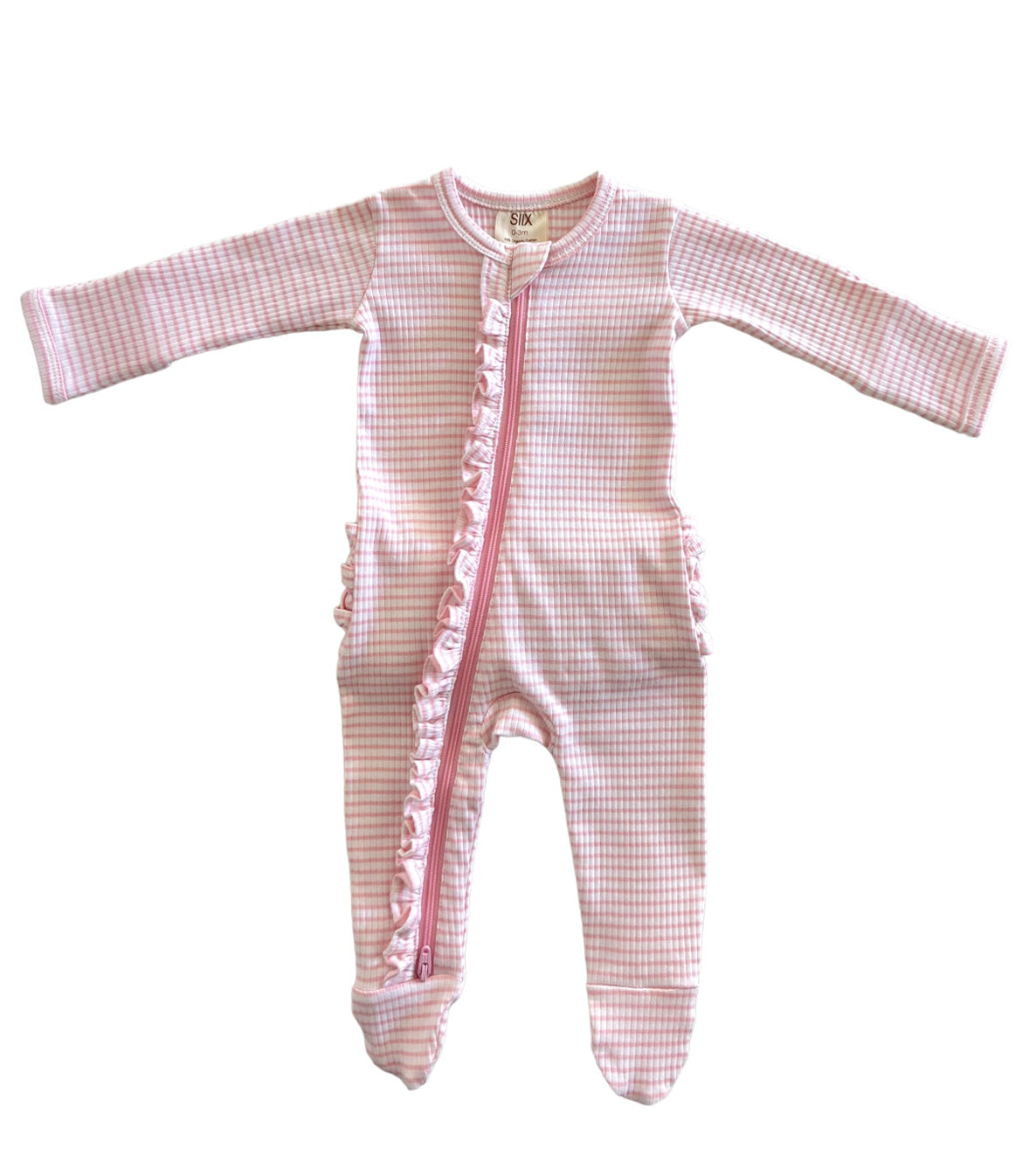 Pink Stripe / Organic Ribbed Frill Zip Footie