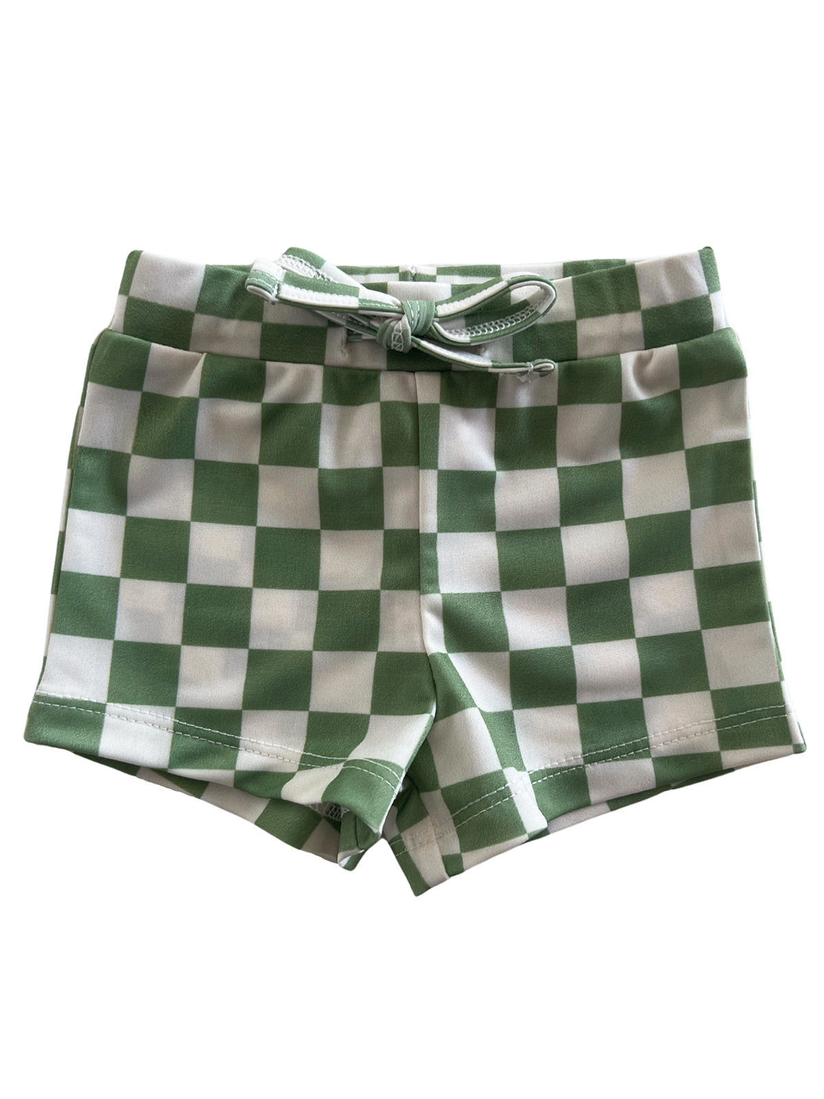 Green and white checkered shorts with a front tie detail.
