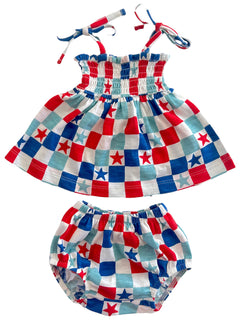 Red, white, and blue checkered toddler dress with matching bloomer shorts featuring stars. Ideal for summer events.