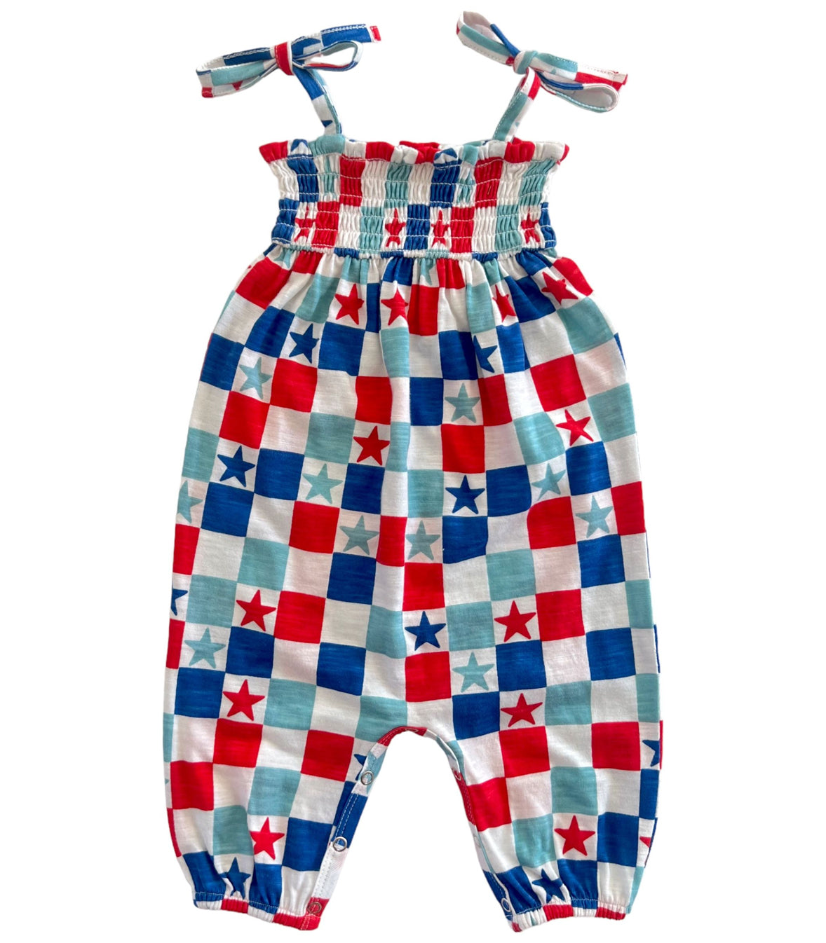 Red, White & Blue Checkerboard / Organic Smocked Jumpsuit