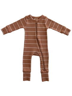 Brown striped infant onesie with long sleeves and zipper closure. Ideal for comfort and style.