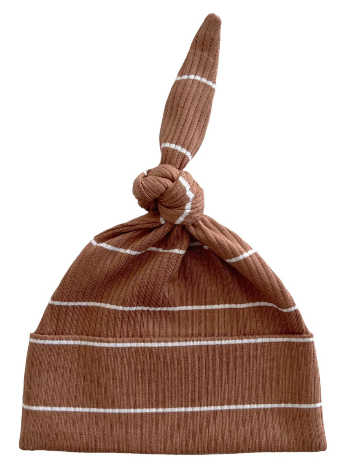 Brown striped baby beanie with a knotted top, made from soft ribbed fabric.
