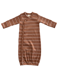 Brown striped baby sleep sack with button closure and elastic bottom, designed for comfort and easy wear.
