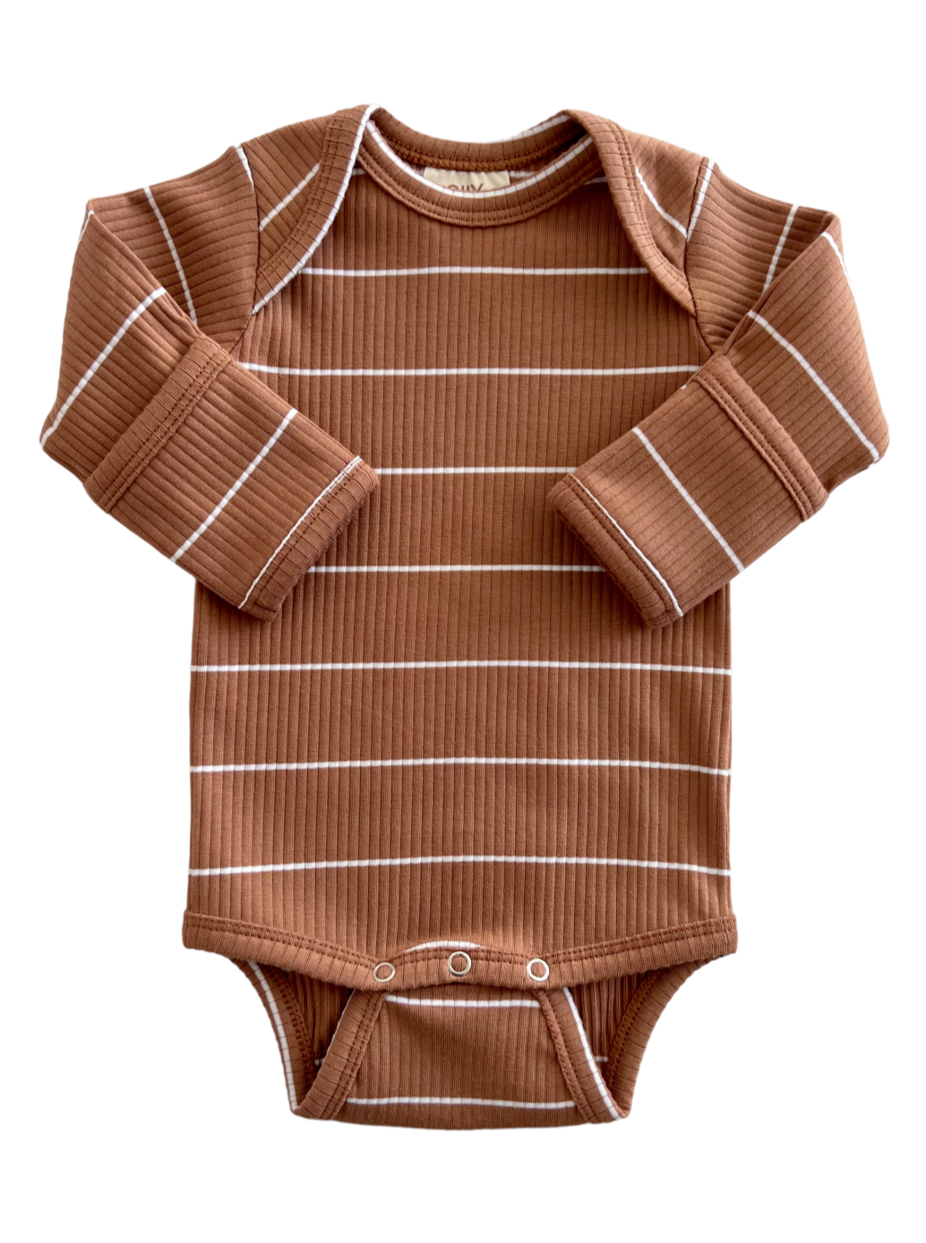 Brown striped infant onesie with long sleeves and snap buttons at the bottom.