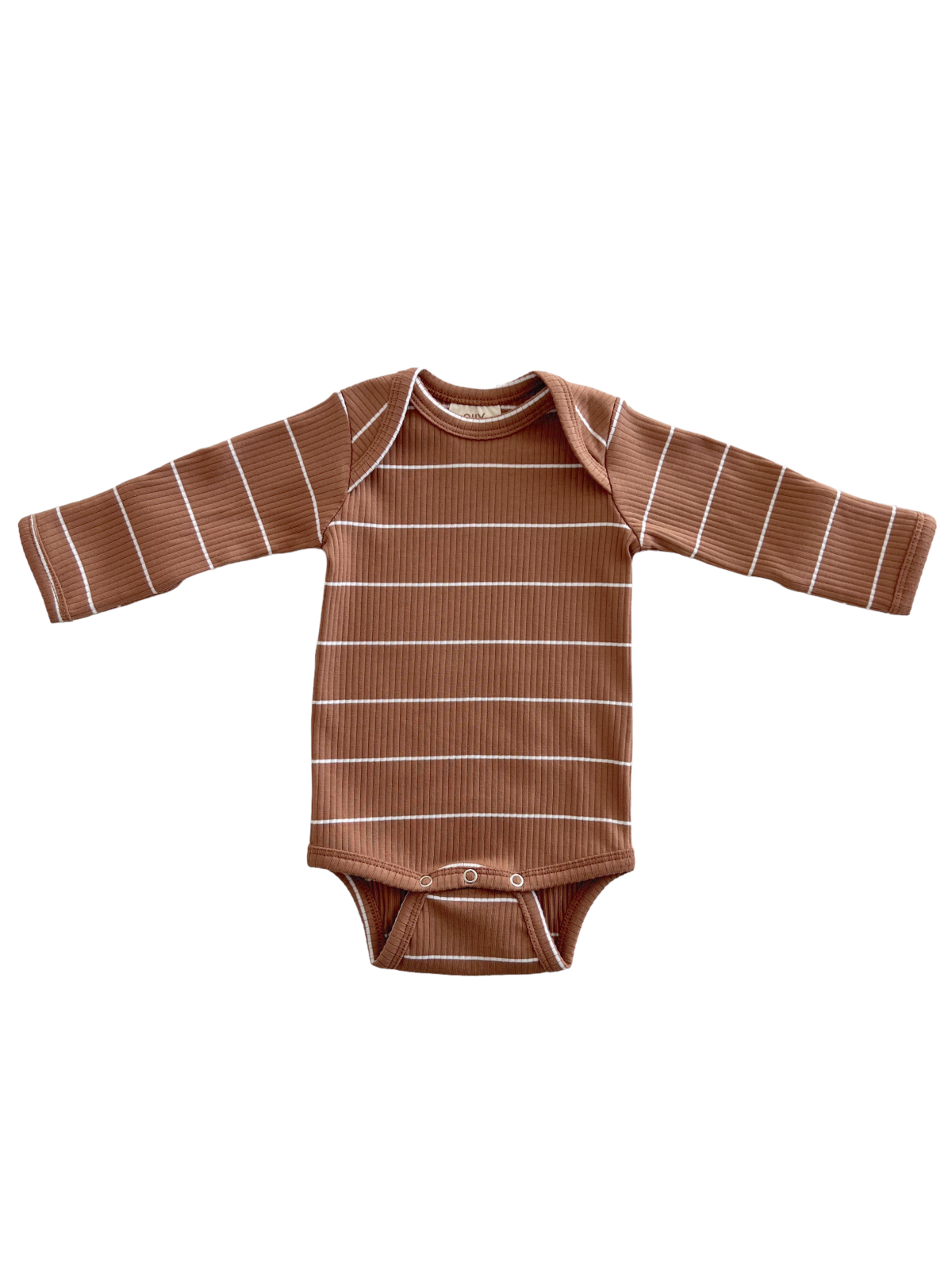 Brown striped long-sleeve baby onesie with snaps at the bottom.