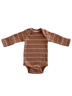 Brown striped long-sleeve baby onesie with snaps at the bottom.
