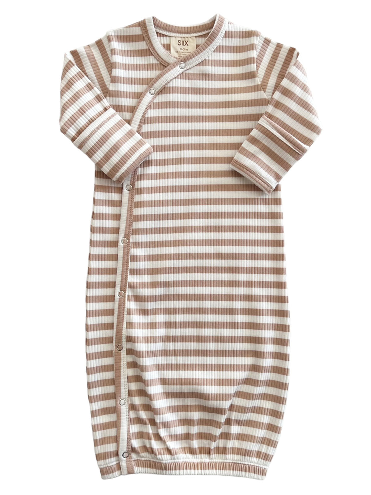 Beige and white striped infant gown with long sleeves and snap buttons. Ideal for cozy sleep or play.