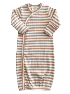 Beige and white striped infant gown with long sleeves and snap buttons. Ideal for cozy sleep or play.