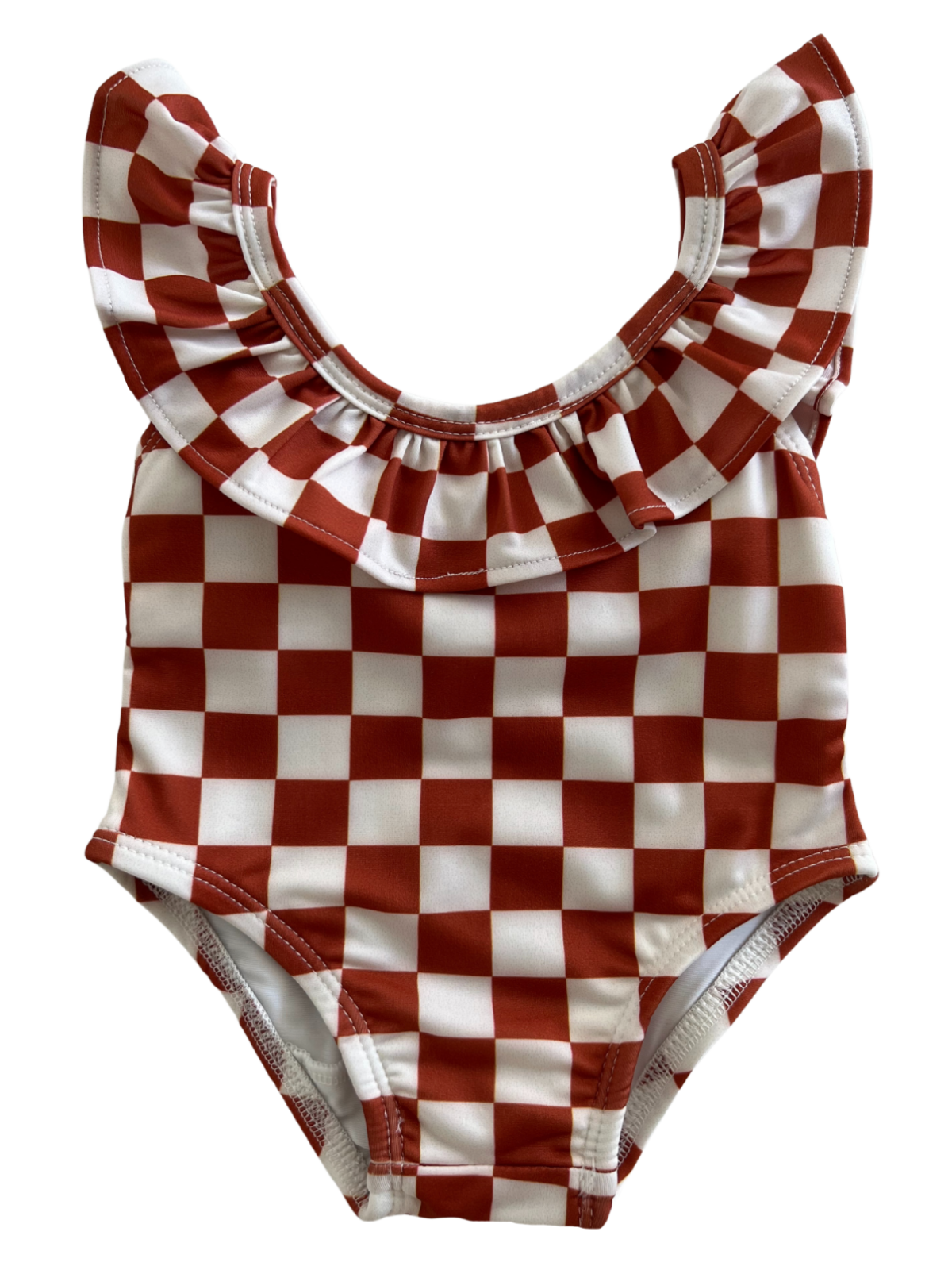 Red and white checkered one-piece swimsuit with ruffled shoulder straps. Ideal for summer outings.