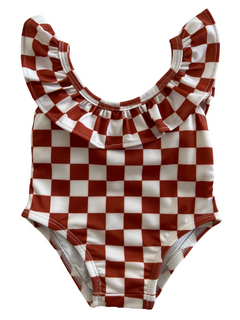Red and white checkered one-piece swimsuit with ruffled shoulder straps. Ideal for summer outings.